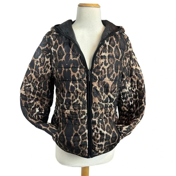 Dressbarn M‎ black + leopard print reversible hooded puffer jacket with pockets - Picture 3 of 8